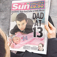 傳媒曾頭版報道帕藤十三歲為人父的新聞，現DNA親子鑑定證實他非女嬰生父。	資料圖片