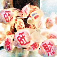 商家在魚身刻上吉祥語句。