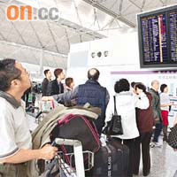 旅客在本港機場客運大樓閱覽航班資料，以得知自己乘搭的航班有否受影響。	