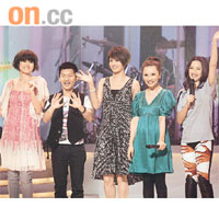  胡杏兒（左起）、林一峰、梁詠琪、胡蓓蔚與徐子珊亮相《勁歌金曲》。
