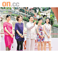  范冰冰（左起）、容祖兒、成龍、阿Sa及劉亦菲齊以盛裝出席活動。