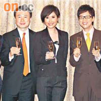 梁芷珊（左起）、羅傑承、陳貝兒、陳志雲及何麗全一同舉杯，預祝簽約bma的陳貝兒發展順利。