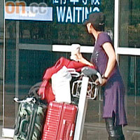 朱茵獨自推着一大車行李步出機場。