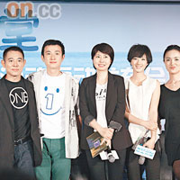 李連杰（左起）、文章、導演薛曉路、桂綸鎂及朱媛媛出席記者會。