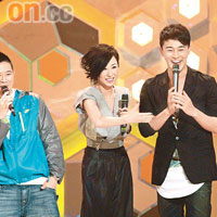 林峯（右起）、泳兒及MC Jin在台上Jam歌。