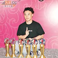  Eason慶功宴上勁High，竟將獎座排成蓮花寶座扮發功。