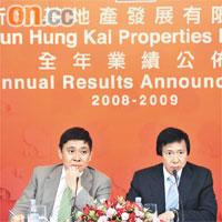 新地副主席郭炳聯（左）稱，未來會於內地積極物色土儲。右為副主席郭炳江。
