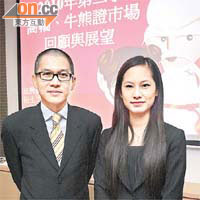 法興李錦預期，窩輪市場焦點將由內銀股轉至藍籌股。旁為蔡秀虹。
