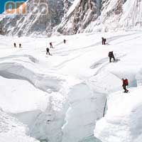 前往珠峰的大本營，必須橫過仍在流動的絨布冰川。