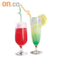 粒子檸檬爽（右）<br>紫背天葵（左）每杯$15<br>兩者均適合夏天飲用，最能解渴，檸檬爽加入了明列子，口感豐富，據說有通宿便之效。