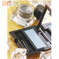 上）Bobbi Brown金屬持久炫彩銀色眼影膏$210 （B）下）Shiseido Luminizing Satin Eye Color藍色眼影$190 （C）
