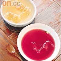 大大碗的五味子茶（前）及柚子茶，酸酸甜甜好醒胃。五味子茶W7,000（約HK$45）；柚子茶W6,000（約HK$39）。
