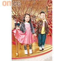 On Audrey：灰色毛毛褸 $649、粉紅色連身裙 $549（c）On Elwyn：啡色皮褸 $729、藍色牛仔褲 $399（c）