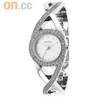 DKNY<br>DKNY圓形錶殼配以雙扭紋腕錶鍍銀色錶帶，線條流麗；錶圈及其中一條扭紋用上多顆科羅拉多寶石作點綴，分外閃爍耀目。$1,100