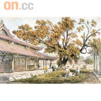 位於商館區對岸河南島上海幢寺，乃嶺南名剎，是當時洋人必去觀光之地。此畫為法國畫家波塞爾於1838年遊寺時所繪。