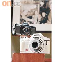 (前)Optio I-10$2,490<br>配備28mm廣角鏡，提供1,210萬像素及5倍光學變焦。<br>(後)古董機auto 110