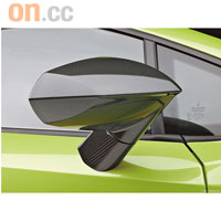 線條分明的側鏡冚和車尾底部擾流板，整個都是輕量化的碳纖維產物。