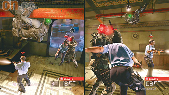 在雙人合作模式中，玩家們會分別扮演美國及俄羅斯特工，主要靠盔甲顏色來分辨。