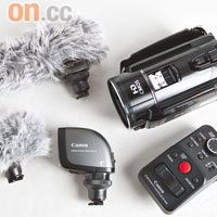 除了可在Hotshoe位加裝收音咪和攝錄燈外，還可另購遙控器（右下）協助拍攝。