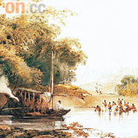 描繪孟加拉河岸風光、船隻和沐浴者的畫作，是錢納利「印度之行」時期的作品。