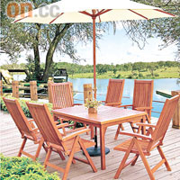 長方設計<br>採用高身設計的餐椅，為用家添舒適；長方形餐桌附以太陽傘設計，可免卻陽光的猛烈照射。枱$1,600、椅$850/張、太陽傘$720（2.7米高連底座）（a）