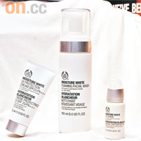 （左）UV Protection Cream SPF25/PA+++ $109（原價$219）（中）Moisture White Foaming Facial Wash $146.3（原價$209）（右）Eye Serum $181.3（原價$259）