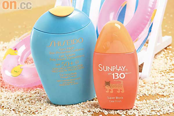（左）Shiseido Very High Sun Protection Lotion N  SPF50+ $320 （A）<br>（右）Mentholatum Sunplay防曬乳液SPF130 PA +++ $77.9 （B）