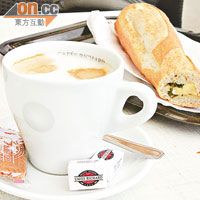 Tea Time推介Cappuccino加法式芝士三文治。分別為Eur3.5（約HK$35）及Eur4.5（約HK$45）