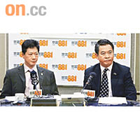 鍾錦華及廖潔明昨日出席電台解釋取消遊行的原因，廖（左）批評明報社評令不少警員反感。