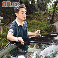 車主檢視被樹枝擊中的車頂及擋風玻璃。