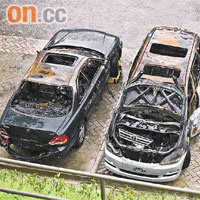 兩輛遭焚毀涉案車輛扣留在西九龍警察總部。