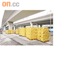 油麻地渡船街天橋底擺放逾百箱水果。	甘偉倫攝