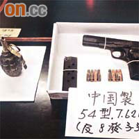 警方檢獲的手槍、子彈及手榴彈。	資料圖片