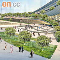 西九總站將有二點五公頃綠化休憩用地，當中園林廣場以落地玻璃設計。	模擬圖片