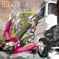 1.旅遊巴與貨櫃車迎面狂撼，女領隊被撞飛拋出車外。