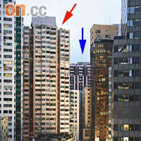 警方在置安大廈（紅箭嘴示）及珠城大廈（藍箭嘴示），高空監視發生擲鏹水彈案的駱克道。