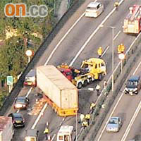 失事貨櫃車攔住屯門公路出荃灣三線。	讀者提供圖片