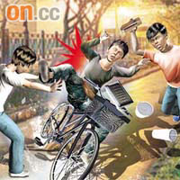 童黨劫外賣仔模擬圖<br>童黨在單車徑伏擊踩單車送外賣青年，將他推跌及扑頭。