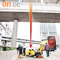 青年在天橋跳落西九龍公路（箭嘴示），幸未被車撞及。