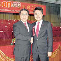 何志豪（左）慨嘆擔任保良局主席期間忙到分唔到身，新任主席呂鈞堯（右）話未驚過。