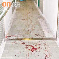 探員在現場走廊調查，地面血漬斑斑。