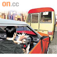 小巴司機涉毆的士司機模擬圖<br>的士司機不滿小巴阻路，導致塞車響號催促。