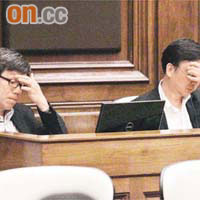 鄭家富  投反對票<br>議事廳中，鄭家富（左）與張文光雖毗鄰而坐，但甚少交流。