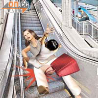 母親抱女高買模擬圖<br>「賊媽咪」在扶手電梯仆倒，母女同滾下，便衣保安則衝上樓梯追截。