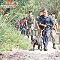 搜救隊人員攜警犬登山搜索。