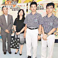 馮文韜（右二）及冼朗然（右一）在校監田北辰（左一）陪同下，到醫院探望Jason。