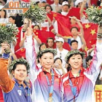 周蜜（右）○四年代表中國時奪雅典奧運銅牌。	資料圖片