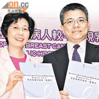 香港乳癌基金會發表香港乳癌實況報告，基金會創會人張淑儀（左）指女士定期檢查乳房比率偏低。右為邱振中。