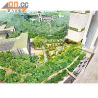 擬建商廈（圖右）將採取綠化概念，設有空中花園。	模擬圖片