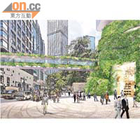 新商廈擬建園景行人天橋連接嘉軒廣場。	模擬圖片